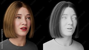 Metaverse female avatar in virtual chat world. Artificial human character talking. Beautiful 3d model human scan animated.