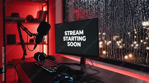 Stream Starting Soon: Gaming Setup with Red Lighting. Stream starting soon screen, overlay loop, animated virtual backgrounds, cozy lo-fi gaming room view. vtuber asset twitch zoom OBS.