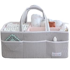 Lily Miles Baby Diaper Caddy - Organizer Tote Bag for Baby Girl Essentials - Baby Shower Basket - Nursery Must Haves - Registry Favorites - Newborn Caddie Car Travel - Gray/Blush, Extra Large
