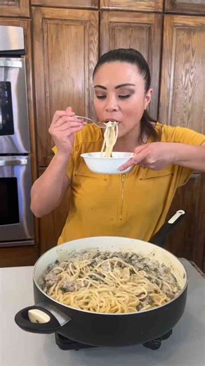Easy, creamy, delicious pasta dinner (mushroom, sausage, garlic herb cheese)