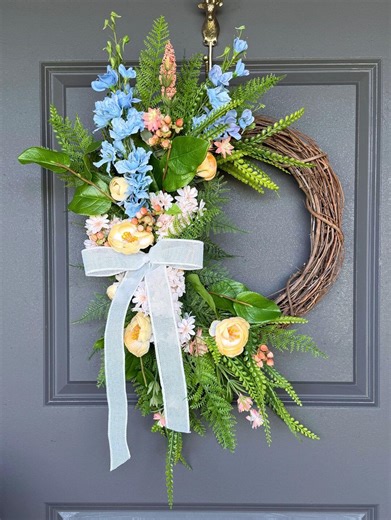 Spring Crescent Wreath for Front Doors, Cottage Floral Decor, Summer Wreaths for Home, Gifts for Mothers Day, Entryway Decoration - Etsy