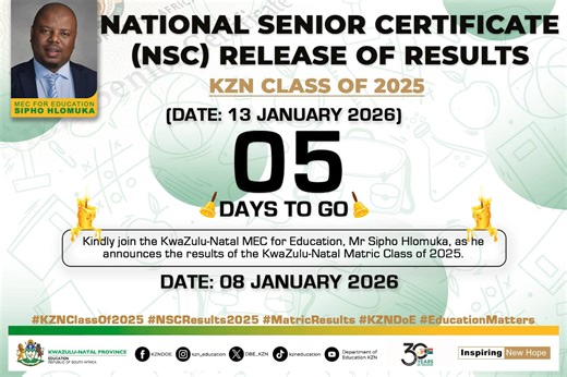 5 Days to Go ​The wait is nearly over for the KZN Class of 2025. ​The final countdown for the matriculants has begun. ​#KZNClassOf2025 #NSCResults2025 #MatricResults #KZNDoE #EducationMatters #InspiringNewHope | KZNDOE