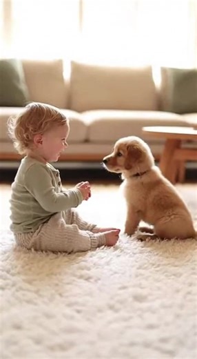 A curious Golden Retriever puppy and a 2-year-old toddler have the most adorable first meeting in a cozy living room. The puppy patiently extends its paw, teaching the little one how to shake hands in the sweetest way possible. | Daily Clippy