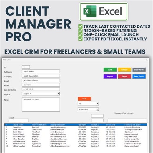Client Manager Pro – Excel CRM Template for Freelancers | Contact & Follow-up Tracker | Region, Notes, Email, Export - Etsy