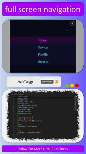 “Neon Fullscreen Navigation – HTML & CSS & JS ✨🔥” #frontend #html #css #shorts