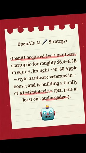 Strategy: #openai acquired #ive ’s hardware startup io for roughly $6.4–6.5B in equity, brought ~50–60 #Apple‑style hardware veterans in‑house, and is building a family of AI‑first devices (pen plus at least one audio gadget).