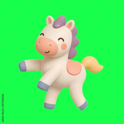 Cute cartoon horse animation, transparent 4K video, green screen