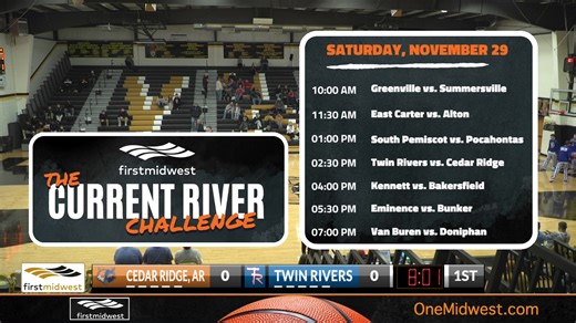 Live coverage of the Current River Challenge continues from Van Buren High School! Listed below are the last four games for Saturday (11-29-2025) 2:30 pm Cedar Ridge (Newark, AR) vs Twin Rivers 4 pm Bakersfield vs Kennett 5:30 pm Bunker vs Eminence 7 pm Doniphan vs Van Buren (Boys) Be sure to share this feed and let us know where you’re tuning in from! | Today's Talk KWOC