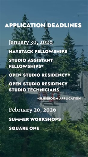 Haystack School on Instagram: "The wait is over - applications are now open for Haystack 2026 Summer Programs, marking our 75th season! Thanks to major support from the Windgate Foundation, our application fees have been waived for all summer programs. Don’t forget about these deadlines… 🌟 Haystack Fellowship, Studio Assistant Fellowship, Open Studio Residency + Open Studio Residency Studio Technician applications due Friday, January 30 🌟 Summer Workshops + Square ONE applications due Friday,