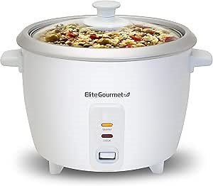 Elite Gourmet ERC-003 Electric Rice Cooker with Automatic Keep Warm Makes Soups, Stews, Grains, Hot Cereals, White, 6 Cups Cooked (3 Cups Uncooked)
