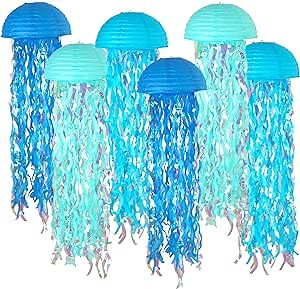 ADLKGG Blue Hanging JellyFish Paper Lanterns - Under The Sea Party & Mermaid Birthday Decorations, VBS Baby Shower, Ocean Theme Classroom & Beach Room Decor (Set of 6)