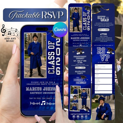 Blue Graduation Graduation Web Invitation, Varsity Theme Invite for Him, Trackable RSVP, Editable College or Highschool : Instant Download - Etsy