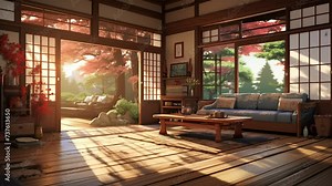 Harmonious Japanese Living Room with Tatami, Low Table, Cushions, and Shoji Doors, Accented with Traditional Art for an Authentic Cultural Experience