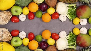 Organic ripe fruits and vegetables move on top and bottom. Stop motion