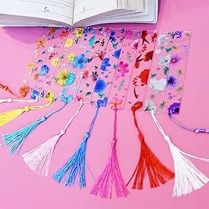 10 Pieces Floral Bookmarks with Colorful Tassels, Cute Transparent Page Marker Acrylic Flower Book Markers for Women Readers Teacher Student School-Opening Graduation Gifts