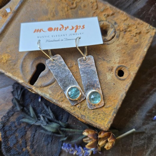 KYANITE Earrings | Rose Cut Paraiba Kyanite Hammered Sterling Silver Bar Earrings Mixed With 14k Gold Leverback Earrings - Etsy
