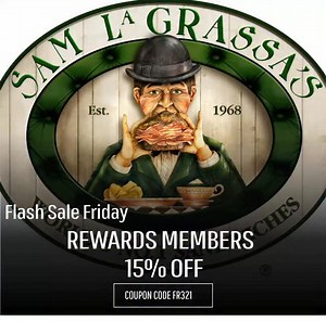 18 reactions | FLASH SALE FRIDAY Enjoy 15% off any online order today when you’re a Sammy Bucks online rewards member! You can order through the link in our bio, and be sure to use our coupon code, FR321! #bostondeals #boston #bostonfoodies #familybusiness #sandwich | Sam Lagrassa's | Facebook