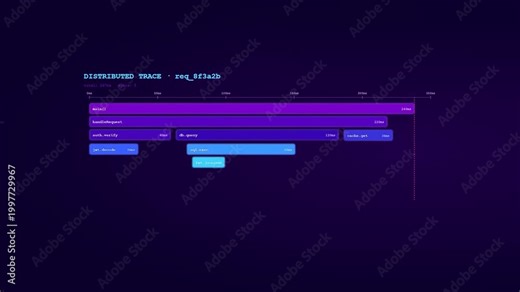 A cinematic animation of a Realtime Observability Dashboard visualizing distributed tracing requests through neon pulses that reveal latency bottlenecks in a complex software architecture