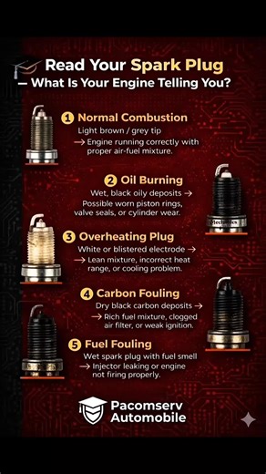 Read your spark plug 👇 Spark plugs are small components, but they provide valuable clues about what is happening inside your engine. By examining the color and condition of the spark plug tip, technicians can quickly diagnose several engine problems. A normal spark plug will usually have a light brown or grey color. This indicates proper combustion and a balanced air–fuel mixture, meaning the engine is running efficiently. If the spark plug appears wet and oily, it often indicates oil burning i