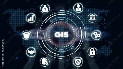 G I S Technology Concept with Global Map and Infographic on Dark Background geographic information system