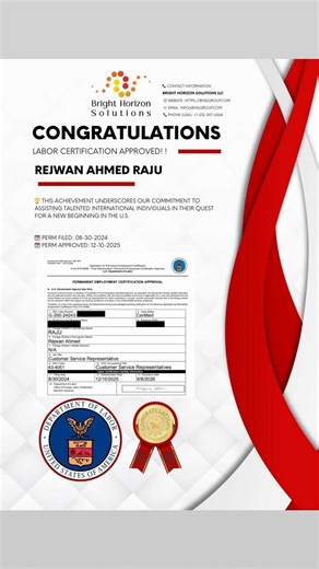 🎉 CONGRATULATIONS | EB-3 LABOR CERTIFICATION APPROVED 🇺🇸 We are proud to celebrate the successful EB-3 Labor Certification approvals for our valued clients. This achievement marks an important milestone on their journey toward U.S. permanent residency. ✅ Approved Clients: • Raihan Bhuyan • Suchitra Sen • Rejwan Ahmed Raju • Md Sohrab Hossain • Tamanna Akter • Md Nazmul Islam • Kurshed Alom • Salman Mohammed Each approval reflects careful case preparation, employer compliance, and our commitme
