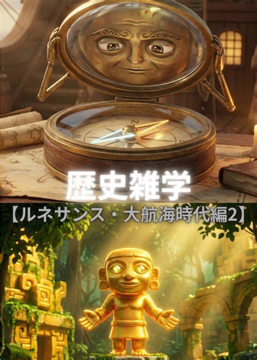 【歴史雑学 ルネサンス・大航海時代編2】 【解説：欲望の幻と、切り拓くための指針】 ■ 黄金郷（エル・ドラード）の真実 かつて探検家たちが夢見た「黄金の都」は、実は都市ではなく「人間」のことでした。南米の儀式で、体に金粉を塗り湖に飛び込む「王（黄金の人）」を指す言葉が、スペイン人の欲望によっていつの間にか「金でできた伝説の街」へとすり替わってしまったのです。 ■ 世界を繋いだ羅針盤の革命 そんな幻を追う航海を支えたのが、羅針盤（方位磁石）でした。それまでは陸を見失えば遭難する「沿岸航法」しかできませんでしたが、星が見えない夜でも北を示すこの小さな針の登場により、船乗りは初めて水平線の向こう側、すなわち外洋へと挑む勇気を得たのです。 #雑学 #豆知識 #歴史 #ai #ルネサンス