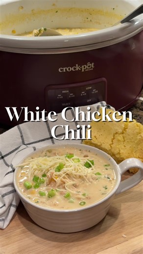 🔥 Slow Cooker White Chicken Chili 🔥 Find this recipe and hundreds more at The Magical Slow Cooker ⬇️ Crockpot (dump in): 🍗 1.5 lb chicken 🫘 2 (15-oz) cannellini beans, drained 🌽 1 (8.75-oz) corn, drained (or 2 cups frozen) 🥣 2 (15-oz) chicken broth/stock 🫑 1 (4-oz) green chiles (or 1 diced poblano) 🧅 1 cup diced onion 🌶️ 1 tsp chili powder 🌿 1 tsp cumin 1/2 tsp oregano 🧄 1/2 tsp garlic powder 🧂 1 tsp salt 1/4 tsp pepper Cook: LOW 8 hrs or HIGH 4 hrs Finish: shred → stir in 🥛 1 cup s