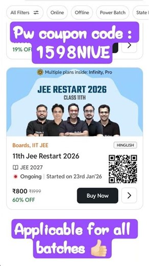 pw class 11th JEE restart 2026 batch coupon code ✨ #jeeadvance #jeemain #jeeaspirants #classxi #jee