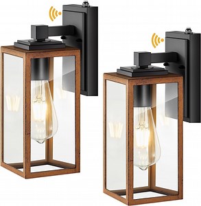 VIANIS 2 Packs Garage Light Outdoor, Dusk to Dawn Outside Wall Lights Fixture for House, Wood Grain Coach Lantern with Toughened Glass, Farmhouse Sconce Wall Mount for Entryway, Hallway, Garage