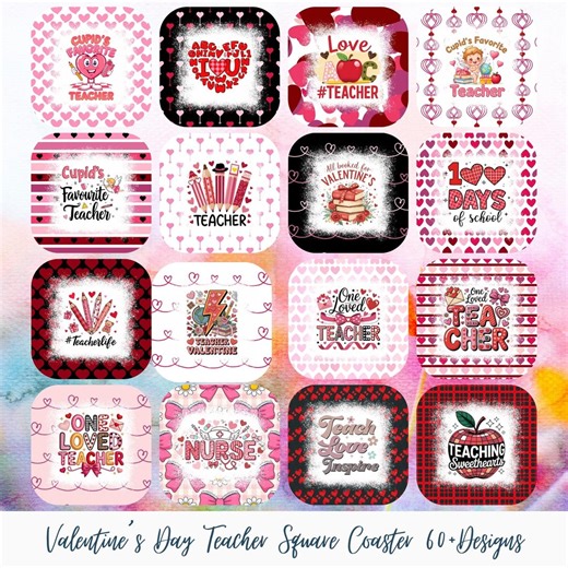 60+ Valentine’s Day Teacher Square Coaster Bundle | Teacher Valentine PNG | Cupid’s Favorite Teacher | Sublimation Coaster Designs - Etsy
