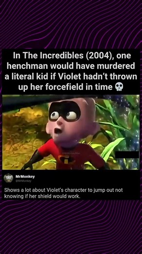 In The Incredibles (2004) Violet Saves Dash From a Guard Who Almost Shoots a Kid