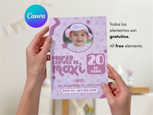 Editable Invitation Template Card First Birthday for Babies English and Spanish, Pink Digital Invitation Baby Girls, All Free Elements - Etsy
