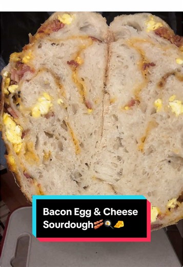 Bacon, egg, & cheese sourdough🥓🍳🧀🍞 Ingredients: 155g active sourdough starter 380g warm water 510g @King Arthur Baking bread flour 12g salt 9 strips of bacon, chopped 6 eggs, scrambled About 2 cups mild cheddar cheese Everything but the bagel seasoning measured with my heart - Let me know if you want a tutorial video! #sourdoughbread #sourdough #baconeggandcheese #baking #bread