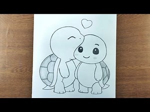 Two friendly turtle outline pencil drawing | cute animals art