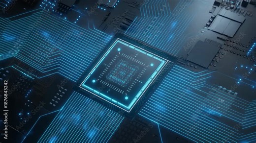 Central processing chip with illuminated circuit pathways showing high speed data flow and advanced computing technology in a digital environment.