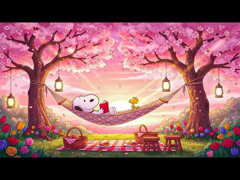 Snoopy & Woodstock Hammock Day under Cherry Blossoms 🌸 | Chill Lofi Beats 🎧 Garden & Dreamy Sunset