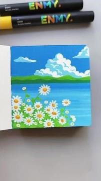Acrylic marker art: small daisy by the lake, bright and healing