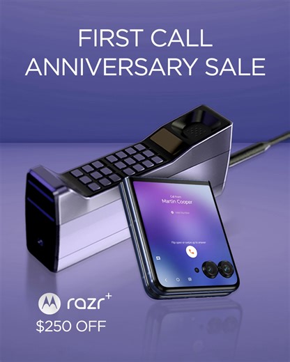 11K views · 50 reactions | In 1973, we made history with the first cell phone call. To celebrate our milestone anniversary, get UP TO $250 OFF our newest phones and feel what it means to be an innovator! https://bit.ly/3RuS7mg | Motorola | Facebook