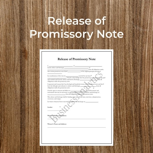 Release of Promissory Note Form – Printable, Fillable PDF (digital Download) - Etsy