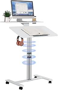 Pneumatic Standing Desk with Wheels - Adjustable Height 28" - 46" & 0-90° Tilt, 31.5" x 17.7" Skin-Feel Desktop, Rolling Computer Desk for Home Office, Hospital, School (White)