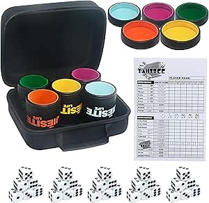 Leather Dice Cup Set Lined Quiet Dice Shaker Cup with 5 Dice Cup with Lid and 30 Acrylic Dices Exclusive Storage and Transport Case for Travel Yahtzee Game Farkle Classic Dice Liars Dice (Mixed A)