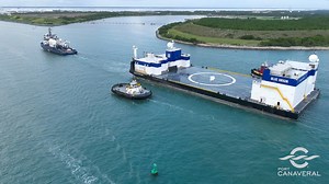 JACKLYN IS HERE: The long-awaited Blue Origin Landing Platform Vessel 1 (LPV1) for their New Glenn rocket booster has arrived at Port Canaveral. The vessel is named after Blue Origin founder Jeff Bezos’ mother. The Harvey Stone towed the vessel into Port Canaveral with assistance provided by 3 tugs from E.N. Bisso Marine Towing, the Elizabeth S, Apollo and St. Johns. Jacklyn is currently docked at Port Canaveral’s North Cargo Berth 6 (NCB6). #SpacePortCanaveral #Spacecoast #WeArePortCanaveral E.