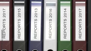 Multiple office folders with Reports text labels 3D rendering different years