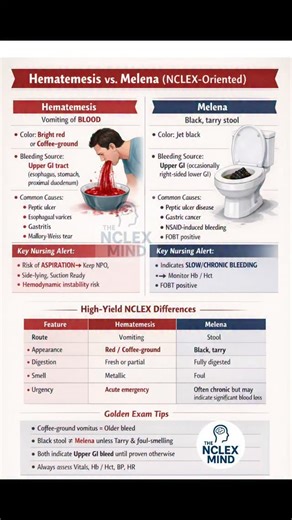 The NCLEX MIND on Instagram: "Hematemesis vs Melena – Exam-Oriented Golden Points (Nursing) • Hematemesis = vomiting of blood; appears bright red (active bleed) or coffee-ground (older bleed). • Melena = black, tarry, foul-smelling stool due to digested blood. •Both usually indicate upper GI bleeding until proven otherwise. • Hematemesis is an acute emergency → risk of aspiration; keep NPO, side-lying, suction ready. • Melena often suggests slow/chronic blood loss → monitor Hb/Hct and vitals clo