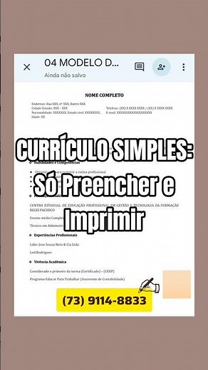 CURRÍCULO SIMPLES: Só Preencher e Imprimir! #curriculo #currículo