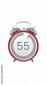 Vintage clock countdown timer with minimal animation interface from 60 to 0 seconds. Modern flat design with animation on white background. Alarm going off at the end of countdown. High quality 4K