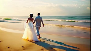 Wedding couple walking on the beach at sunset. Bride and groom, New bride and groom full rear view walking on the beach, AI Generated