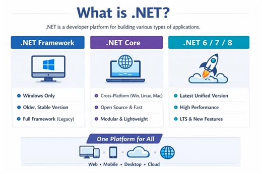 SRProSkillBridge on Instagram: "Day 1 of 30 days interview series .NET Interview Question – Explained Simply! ❓ What is .NET? .NET is a powerful developer platform by Microsoft to build Web, Desktop, Mobile & Cloud applications. 🔍 Quick Comparison: 🪟 .NET Framework – Windows only (Legacy) 🌐 .NET Core – Cross-platform & open-source 🚀 .NET 6 / 7 / 8 – Unified, faster & modern (Industry standard) 💡 Interview Tip: Always say 👉 “.NET 6+ is the future and recommended for new projects.” 📌 Save t