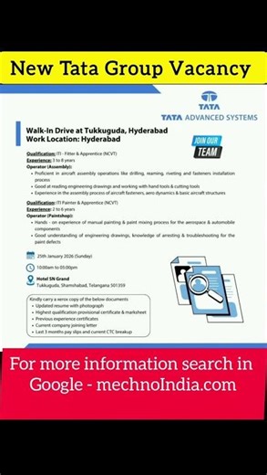 TATA Group Job Vacancy 2026 | Latest Walk in Interview Jobs | ITI Fitter Job Vacancy |