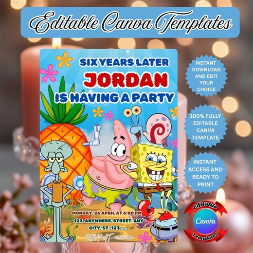 Sponge Cartoon Birthday Invitation, Under the Sea Kids Party Invite (digital Download) - Etsy